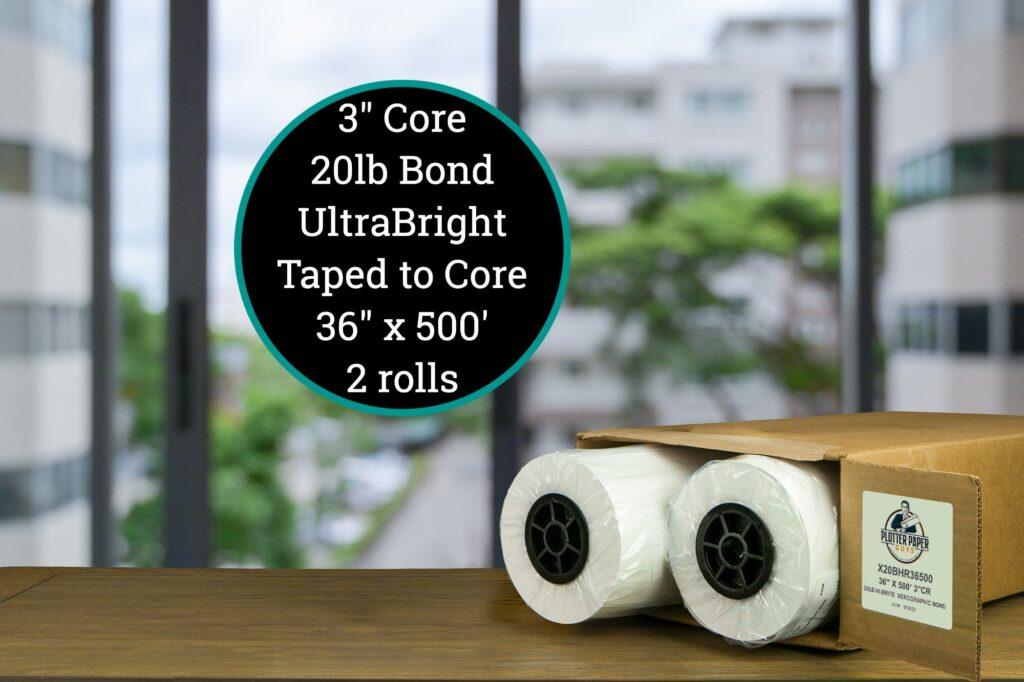 2 Rolls 36" X 500' 3-Core 20lb Bond Paper For HP PageWide XL Printers | Dietzgen Uncoated Plotter Paper