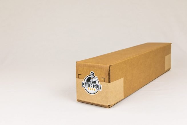 cardboard box with Plotter Paper Guys sticker logo