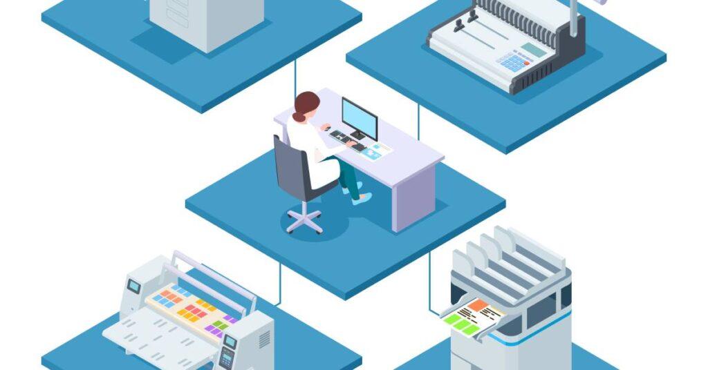 Cartoonish image of a woman at a computer linked to several large-scale multifunction dual roll printers