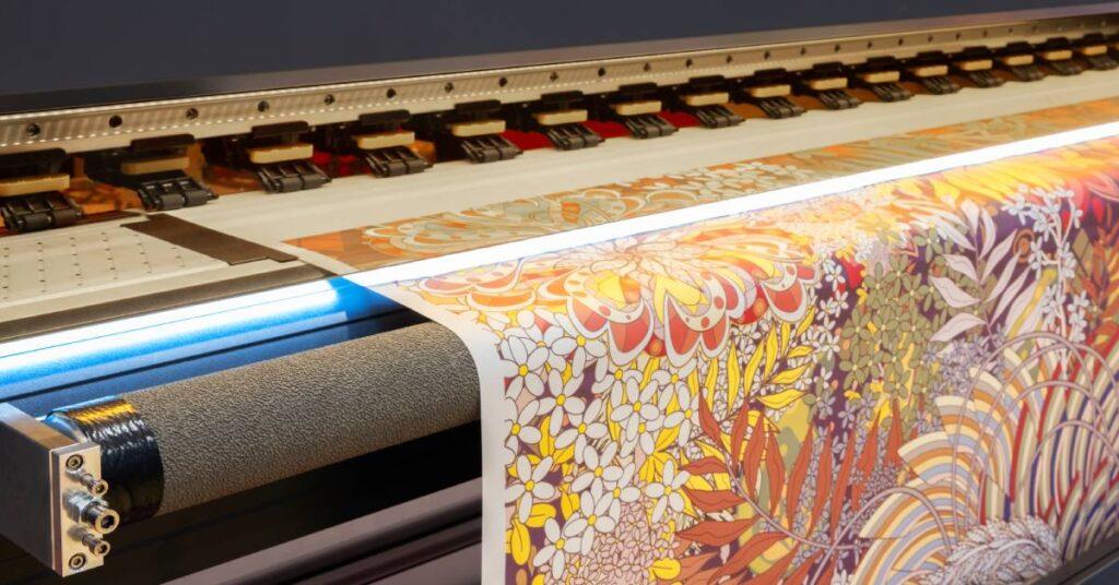 Large wide-format printer turning out a colorful and detailed image of drawn flowers on a big sheet of paper.