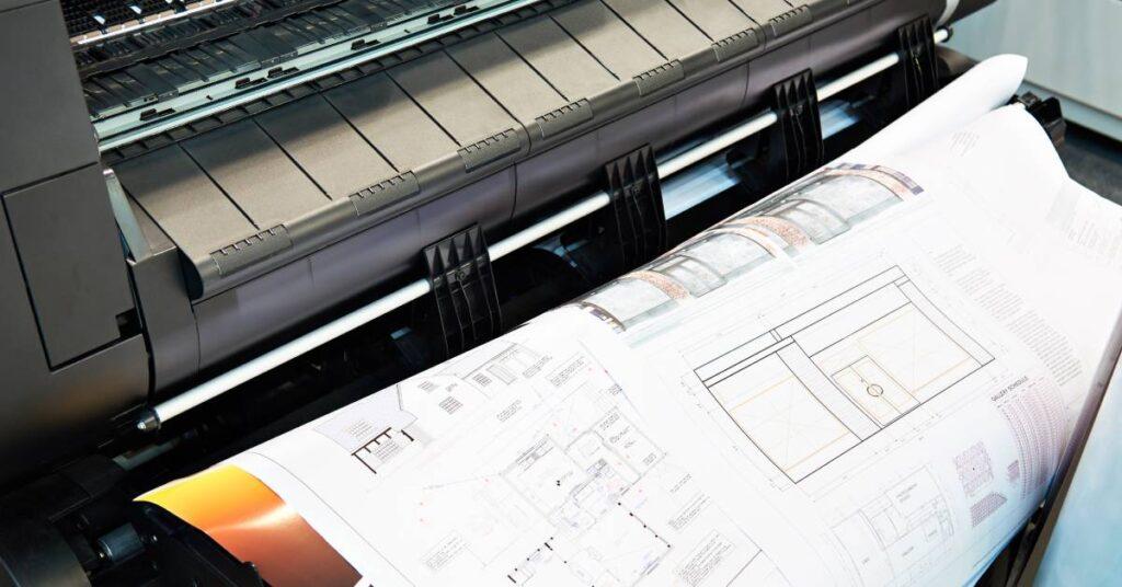 Floor plans and schematics are produced on large sheets of paper using the large-format printer set in front of them.
